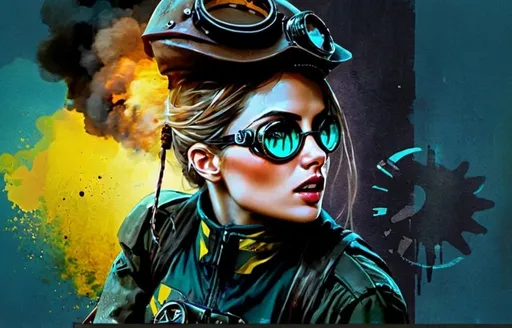 Prompt: 2d studio ghibli anime style, Ukraine solder women in traditional brown military uniform woman on the on motorcycle, anime scene, the she’s wearing steampunk goggles and in the back ground here’s 2 brush smears in Ukraine colors 