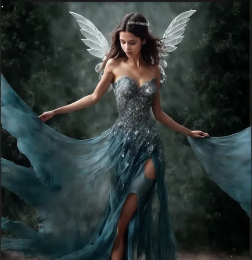 Prompt: Same exact picture in a blue dress. Make the dress very flowy and rich and her wings are wispy like a mist of silvery sparkles 