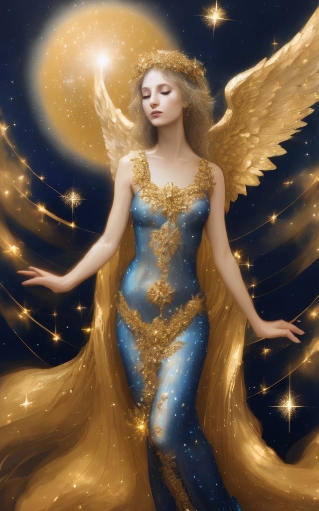 Prompt: A beautiful angelic woman in all ornate gold and blue sparkles 