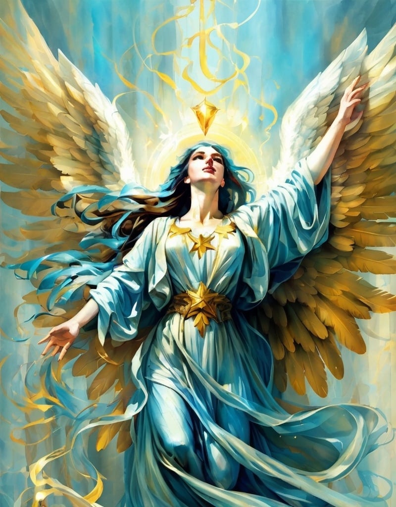 Prompt: An angel with her arms outstretched in flowing robes multiple shades of light blue. Wings of a gold. 