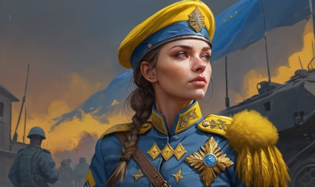 Prompt: Female Ukrainian soldier in uniform with a Ukrainian yellow and blue background fantasy character art, illustration, dnd, warm tone