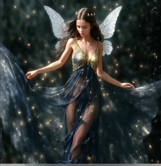 Prompt: Same exact picture in a deep blue dress. Make the dress very flowy and rich and her wings are wispy like a mist of silvery sparkles she’s a fairy add gold dust to her wings and make her look more like mystical being 