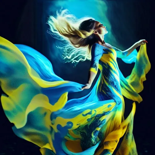 Prompt: One woman with a glowing dress in Ukraine yellow and blue and 1,000’s of glowing blue and yellow sparkles in the background swirling like magic mist stars are cascading around the background blue and yellow. 