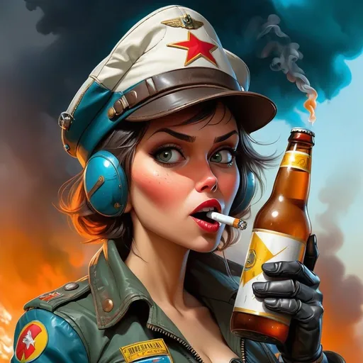 Prompt: a woman in a pilot's hat holding a beer bottle and smoking a cigarette in her mouth, Aleksi Briclot, antipodeans, comic cover art, Ukraine flag colors in background cyberpunk art