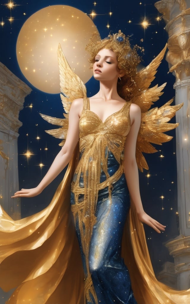 Prompt: A beautiful angelic woman in all ornate gold sparkles and blue sparkles 