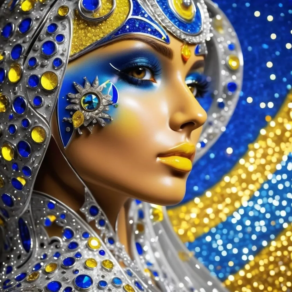 Prompt: A beautiful face with a blue and yellow sparkling background with a TriZub in the center 