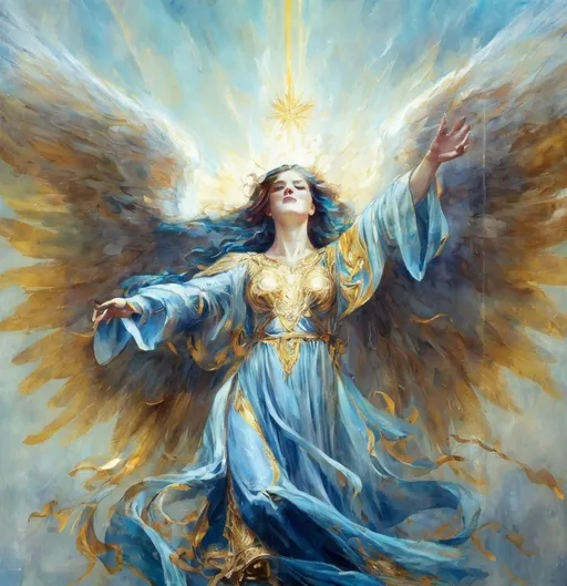 Prompt: An angel with her arms outstretched in flowing robes multiple shades of light blue. Wings of a gold. 