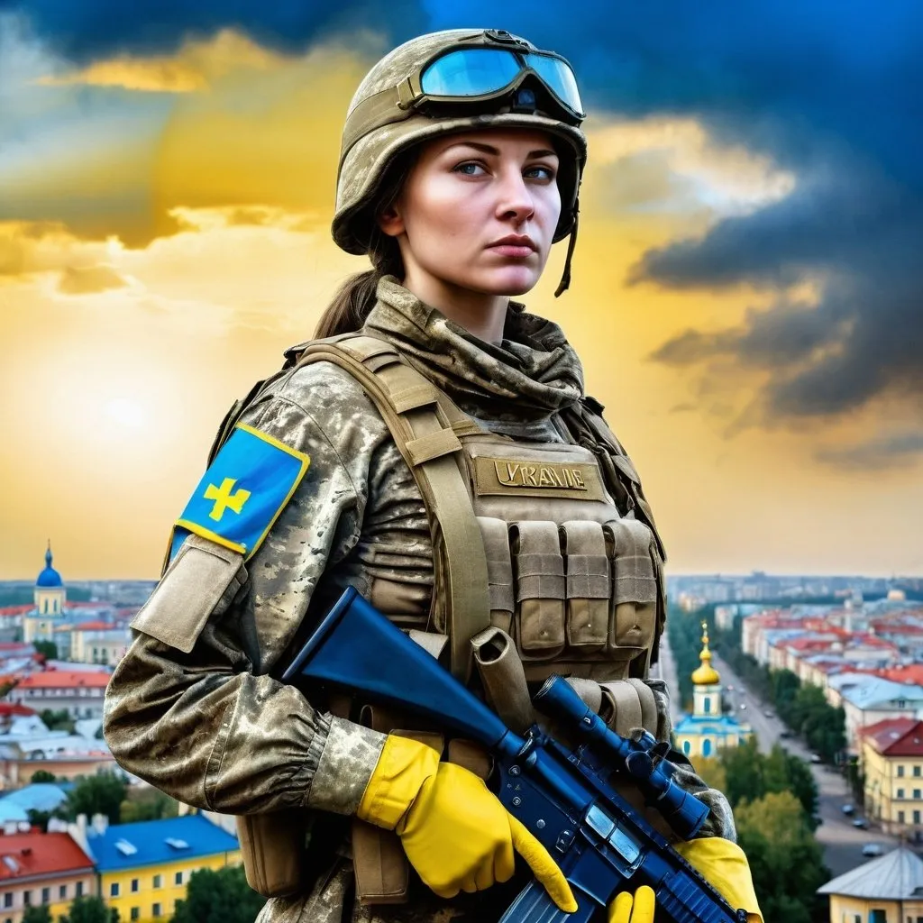 Prompt: Woman soldier, shining Ukraine city in the background, detailed, bright yellow and blue colors, dramatic, photorealistic 