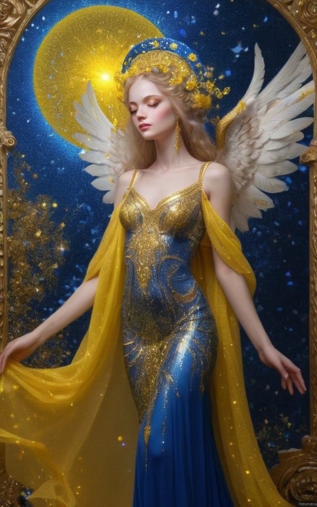 Prompt: A beautiful angelic woman in all ornate Ukrainian yellow sparkles and Ukrainian blue sparkles 