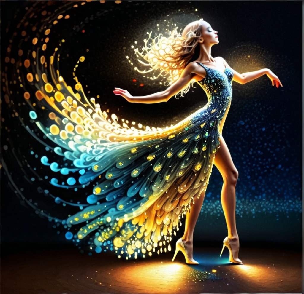 Prompt: A woman who has a glowing dress in Ukraine yellow and blue and a lot of glowing blue and yellow sparkles in the background swirling like magic mist 