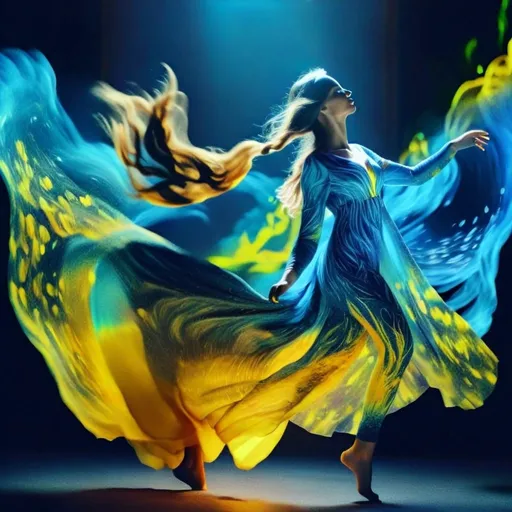 Prompt: A woman who has a glowing dress in Ukraine yellow and blue and 1,000’s of glowing blue and yellow sparkles in the background swirling like magic mist 