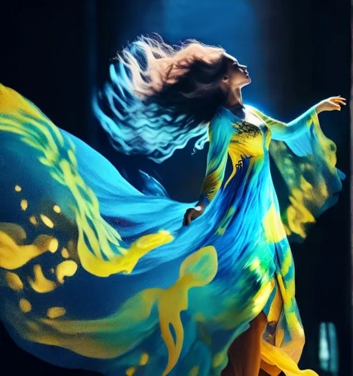 Prompt: A woman who has a glowing dress in Ukraine yellow and blue and 1,000’s of glowing blue and yellow sparkles in the background swirling like magic mist 