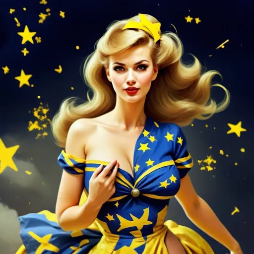 Prompt: A pin up girl beautiful woman in a dress made up of all heavenly yellow and blue sparkles, off the shoulder pretty, in Ukraine colors faint yellow glowing stars and sprays of faint glowing shiny blue stars on the black background.