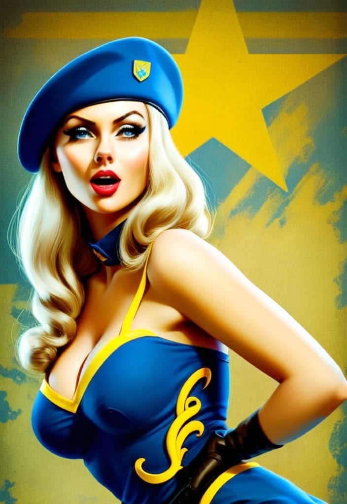 Prompt: A Ukrainian woman soldier pinup girl. Dressed in uniform and Ukrainian yellow and blue background 