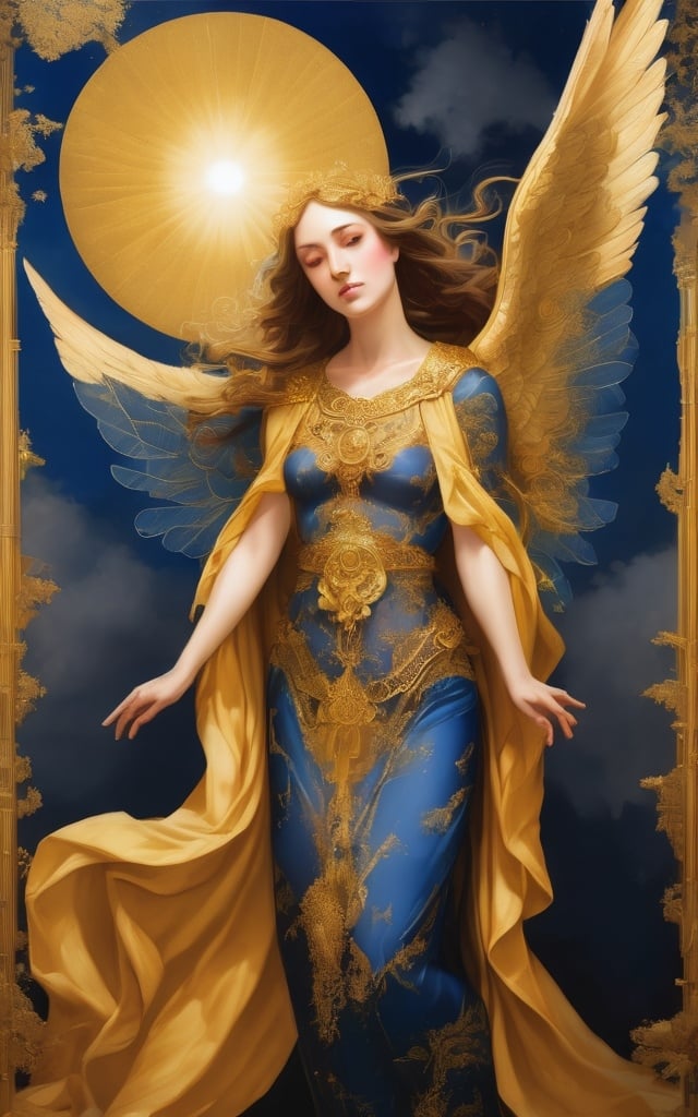 Prompt: A beautiful angelic woman in all ornate gold and blue 