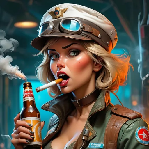 Prompt: a woman in a pilot's hat holding a beer bottle and smoking a cigarette in her mouth, Aleksi Briclot, antipodeans, comic cover art, cyberpunk art