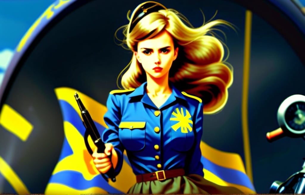 Prompt: 2d studio ghibli anime style, Ukraine solder women in traditional brown military uniform woman on the on motorcycle, anime scene, the she’s wearing steampunk goggles and in the back ground here’s 2 brush smears in Ukraine colors 