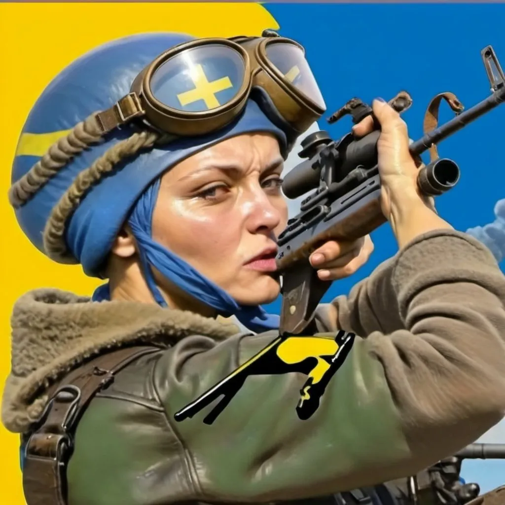 Prompt: Ukrainian woman soldier with pilot’s helmet and goggles firing a weapon 