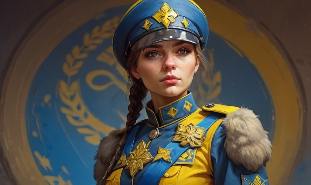 Prompt: Female Ukrainian soldier in uniform with a Ukrainian yellow and blue background fantasy character art, illustration, dnd, warm tone