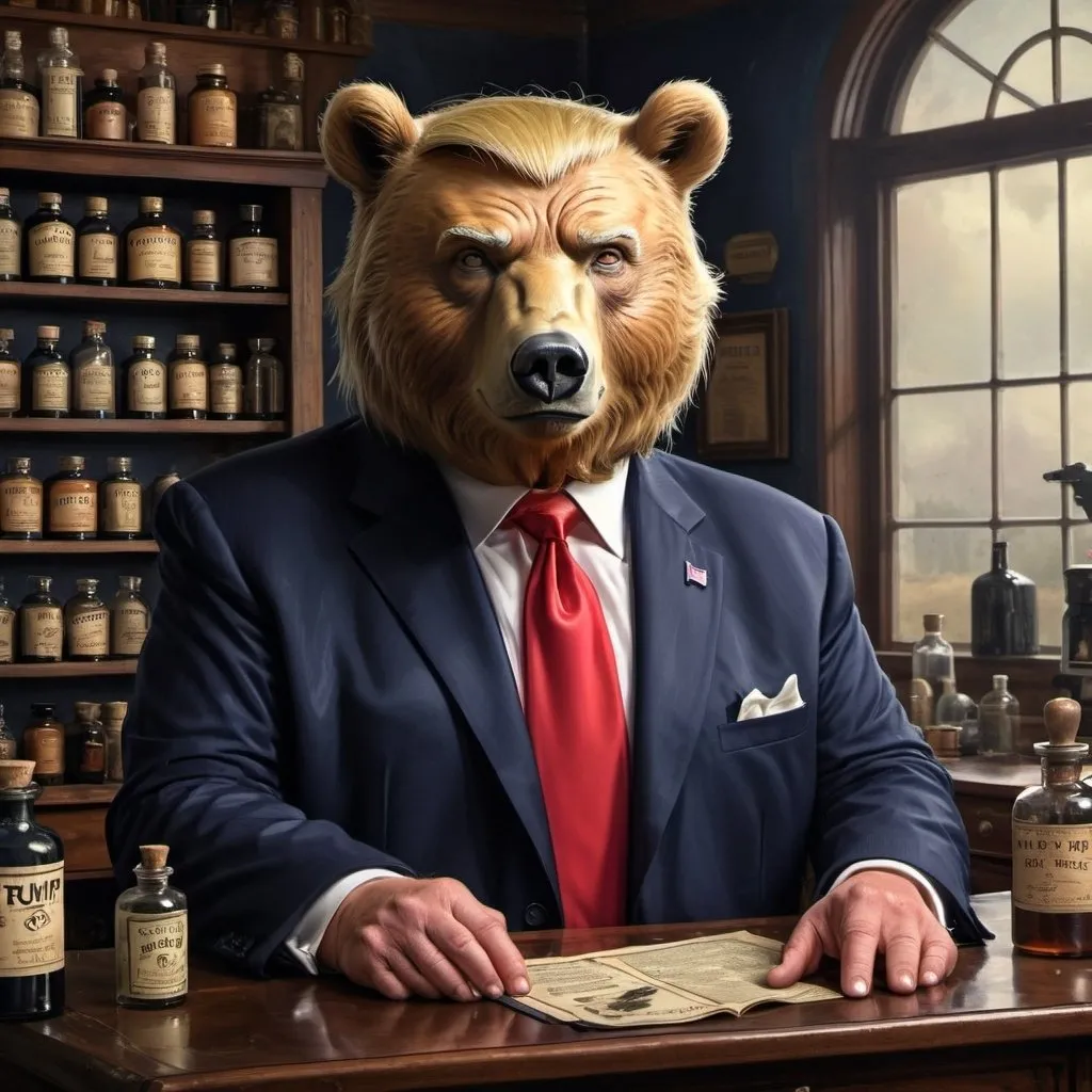 Prompt: Donald Trump as an elixir salesman, loose fitting navy blue suit with bear lapel pin, realistic digital painting, vintage apothecary setting, intense and confident expression, detailed facial features, high resolution, realistic, vintage, detailed suit, confident expression, antique lighting