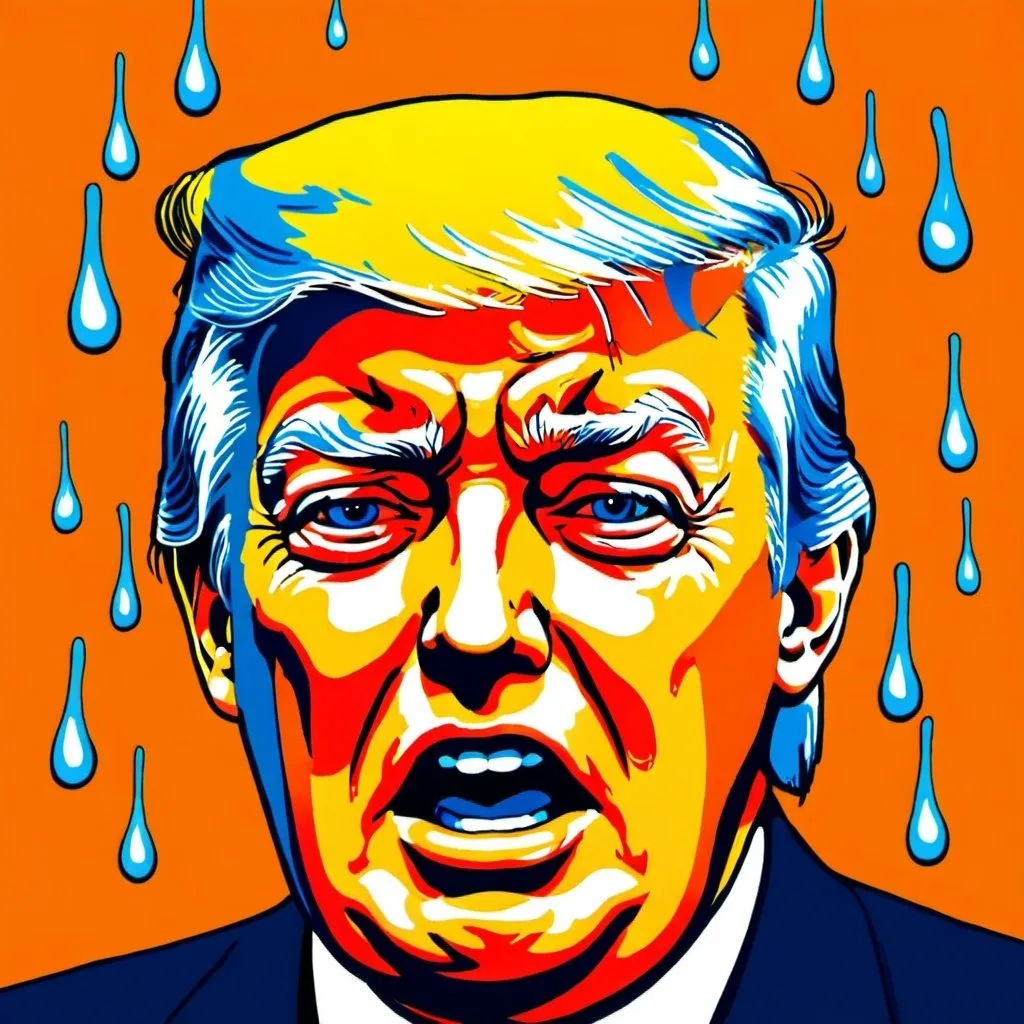 Prompt: The word “schadenfreude” with Trump’s face in a crying orange tears running down his face 