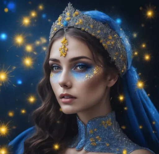 Prompt: A beautiful woman with beautiful Ukrainian blue and yellow sprays of microscopic sparkles glittering around her