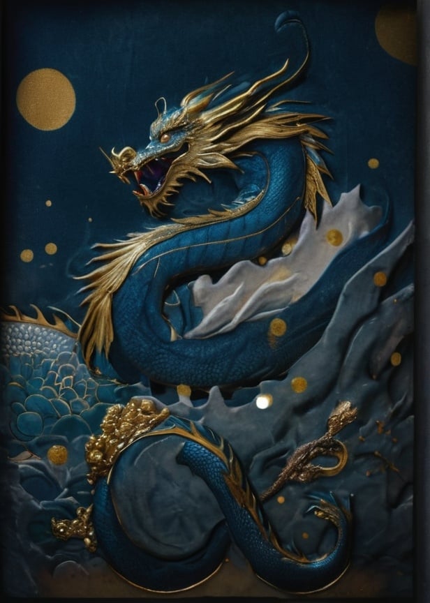 Prompt: A textured dragon in the Chinese art style in yellow and blue from Ukraine flag add fine gold sparkles around it 