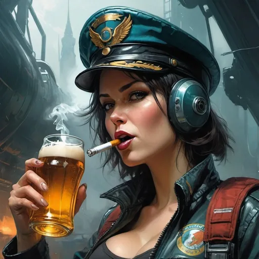 Prompt: a woman in a pilot's hat holding a beer bottle and smoking a cigarette in her mouth, Aleksi Briclot, antipodeans, comic cover art, cyberpunk art