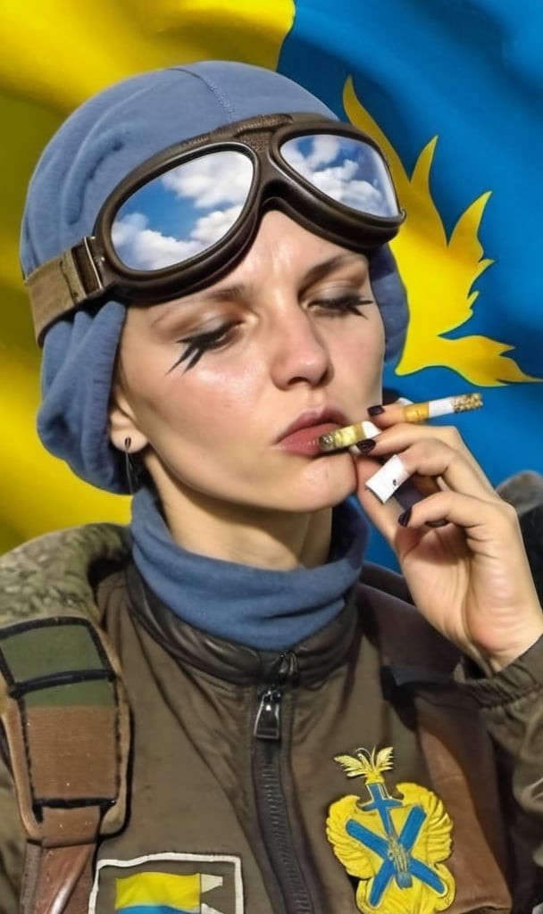 Prompt: A female Ukrainian soldier lighting a cigarette wearing bomber goggles and wearing the Trizub 