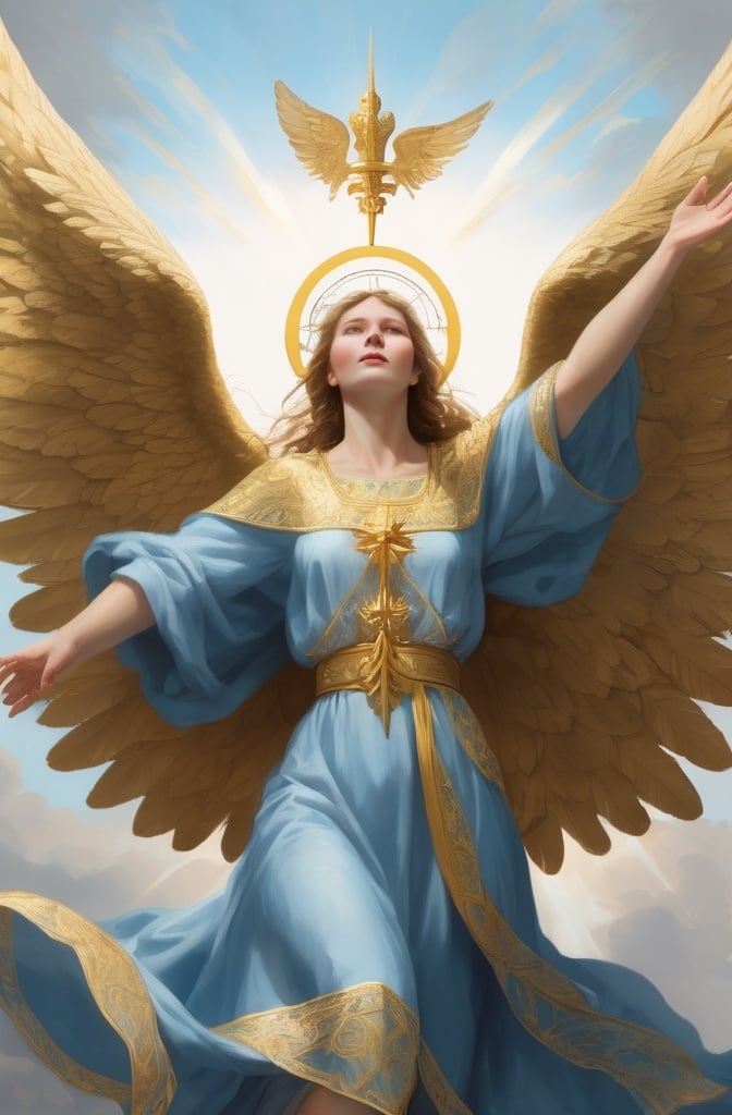 Prompt: An angel with her arms outstretched to the sky in flowing robes of light blue. Sings of a pale gold. A Ukrainian trident above head in dull gold 