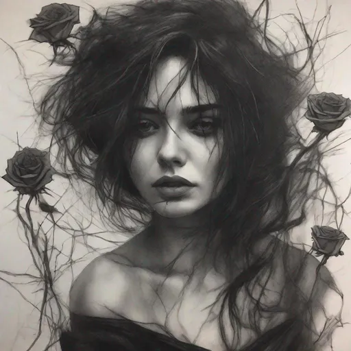 Prompt: A charcoal drawing of a beautiful dark messy haired woman in a black dress who is tangled  with thorns and black dead roses and a serene look on her face 