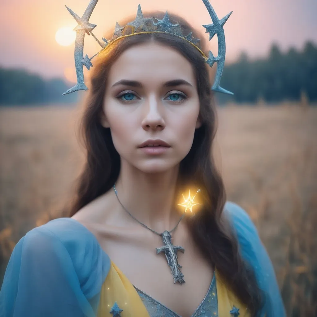 Prompt: Dreamy pastel portrait, Ukraine woman blue and yellow, stars and a trident ethereal atmosphere, soft focus