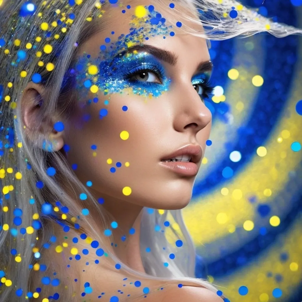 Prompt: A beautiful face with a blue and yellow sparkling background