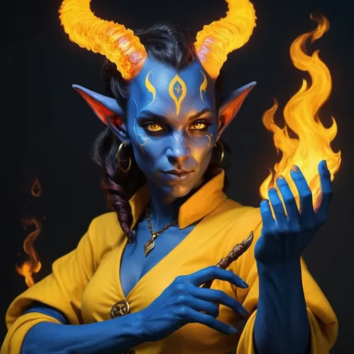Prompt: hyper-realistic Tiefling character with fire hands, fantasy character art, illustration, dnd, in Ukraine yellow and blue 