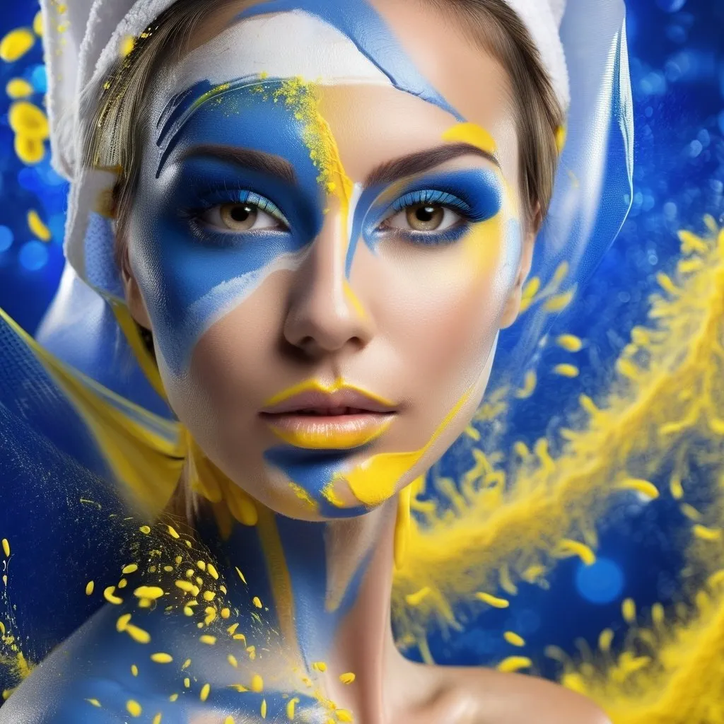 Prompt: A beautiful face with sprays of blue and yellow fine sparkles in the background