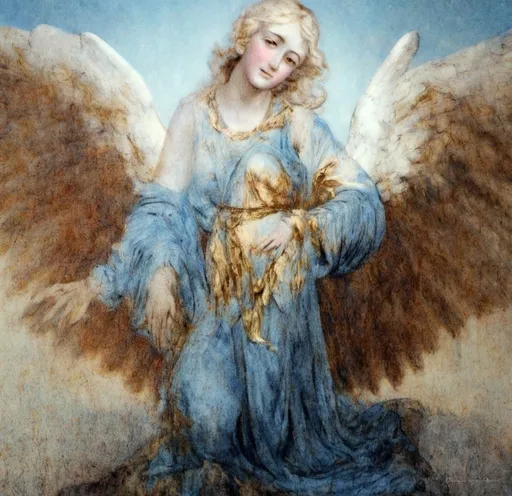 Prompt: A beautiful angel on bended knee looking very sad in beautiful flowing robes in blue with pale golden wings 