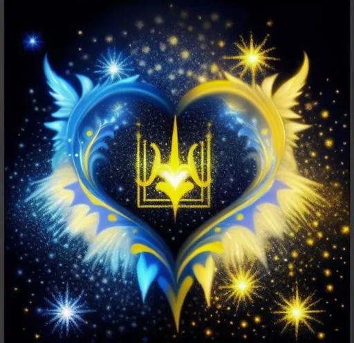 Prompt: A soft blue and soft yellow heart in the middle fade the edges out towards the edges. Softest fade edge to the heart and put a TriZub add more soft edge shiny yellow and blue sparkles on a white background. 