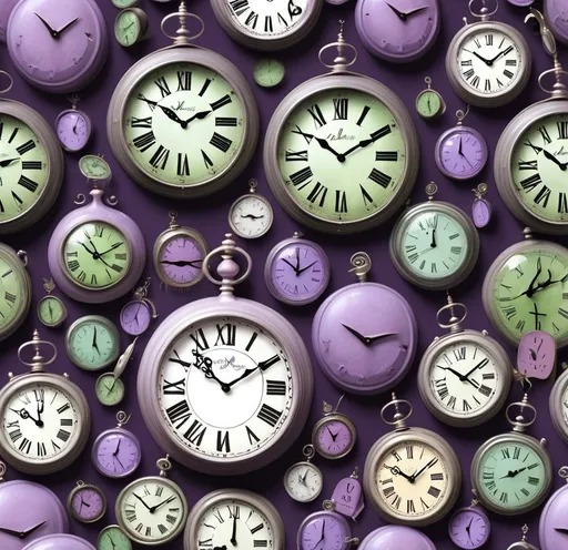 Prompt: Make a scene with all different sizes and types of clocks in a pastel almost washed out tones of muted purples, greens, silver pocket watches. All of this in an Alice and wonderland motif 