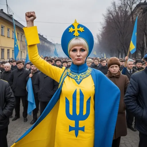 Prompt: Slava Ukraini in blue and yellow with the Ukraine trident with a 1960’s fist in the air woman