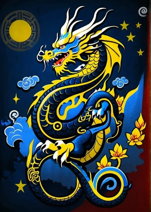 Prompt: A dragon in the Chinese art style in yellow and blue from Ukraine flag