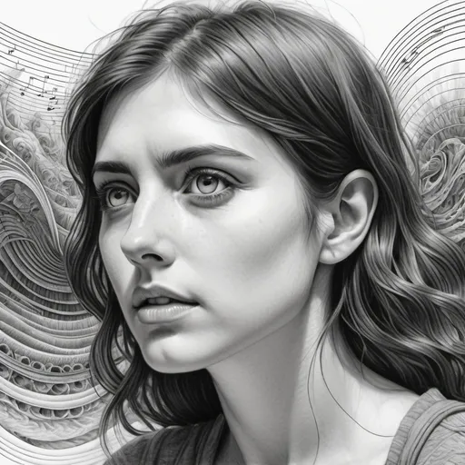Prompt: Detailed illustration of a attentive, focused listener, pencil sketch, intricate sound waves surrounding figure, high quality, black and white, realistic sketch, intricate details, intense focus, deep connection, attentive listener, sound waves, pencil sketch, high quality, realistic, black and white, detailed illustration, deep understanding, intense focus, intricate sound waves