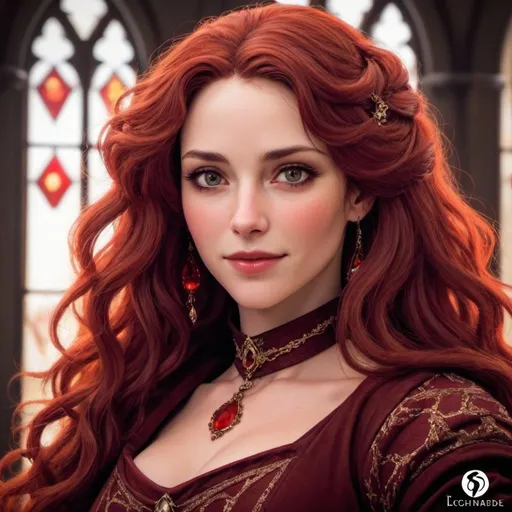 Prompt: Lady Isolde is a stunning woman in her early thirties, known for her beauty and cunning. She has dark, wavy hair, a magnetic smile, and a voice that can turn even the hardest of hearts. She oversees House Great’s vast network of spies and informants.