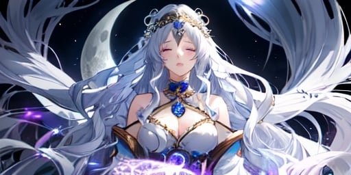 Prompt: Moon goddess with long wavy blue hair, deep purple eyes, white blindfold, anime girl, flowing gown, celestial setting, lunar glow, fantasy style, highly detailed, high quality, 4k, ethereal lighting, goddess of the night, celestial, detailed eyes, elegant, professional, atmospheric lighting