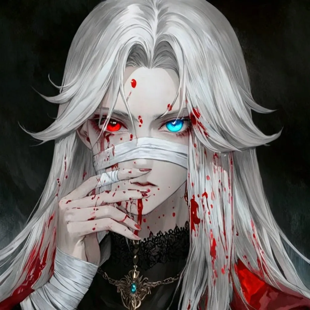 Prompt: Surrealism drawing of a figure with long silver hair, red eyes, bandages, blood, highly detailed, 4k, high quality, surrealism, detailed hair, intense gaze, bandaged body, surreal, professional art, surreal lighting, heterochromia eyes