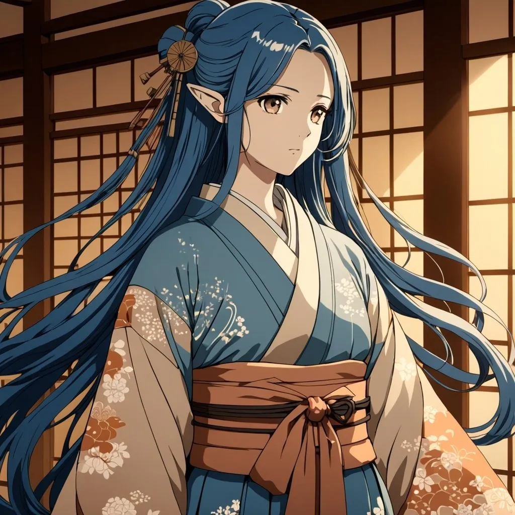 Prompt: Anime illustration of a girl, long flowing blue hair, traditional Japanese Taishō Period outfit, pale brown eyes, pointed ears, detailed hair strands, intricate outfit design, soft and warm color palette, gentle lighting, anime, traditional, detailed eyes, flowing hair, warm tones, Taishō Period fashion, detailed outfit, professional, atmospheric lighting