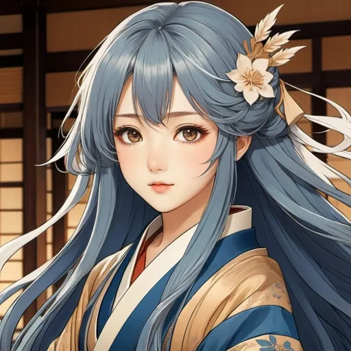 Prompt: Anime illustration of a girl, long flowing blue hair, traditional Japanese Taishō Period outfit, pale brown eyes, pointed ears, detailed hair strands, intricate outfit design, soft and warm color palette, gentle lighting, anime, traditional, detailed eyes, flowing hair, warm tones, Taishō Period fashion, detailed outfit, professional, atmospheric lighting