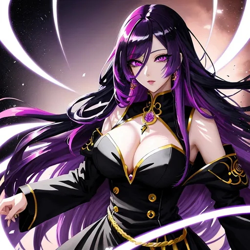 Prompt: Anime illustration of a character with vibrant color contrast, long purple hair, black and white dress, highly detailed, detailed eyes, sleek design, professional, high resolution, goddess, magic, yellow right eye, red left eye, anime