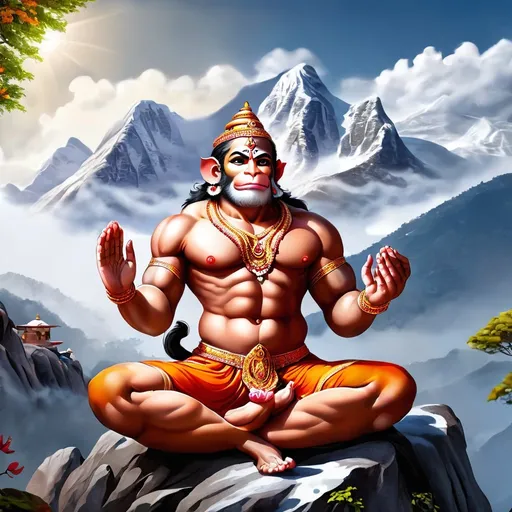 Prompt: Lord hanuman sitting on mountain doing meditation