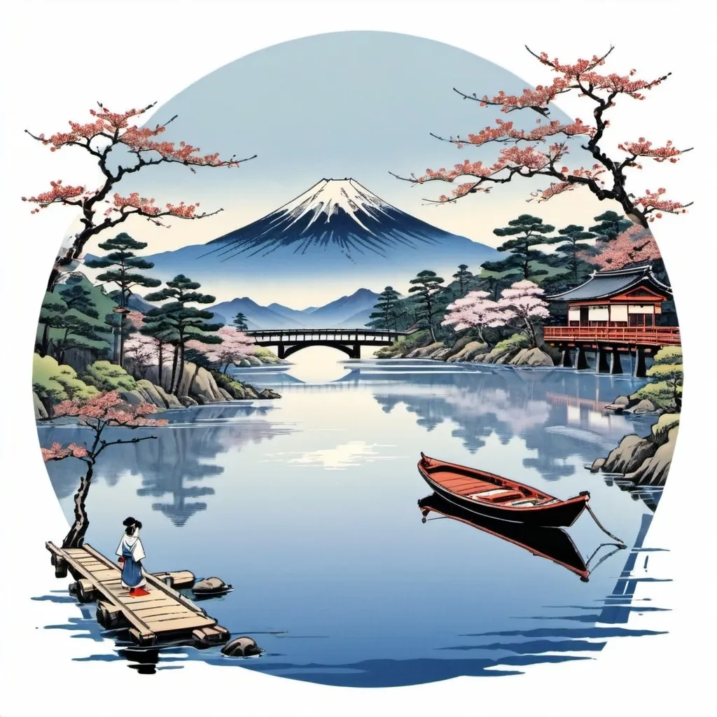 Prompt: a lake with a mountain in the background and a boat in the foreground with a bridge in the foreground, Ai-Mitsu, ukiyo-e, japan, a stock photo