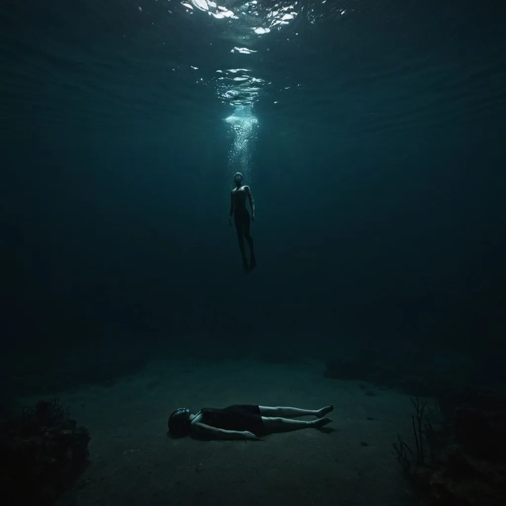 Prompt: Dark underwater scene and a dark lifeless body sinking in the distance.